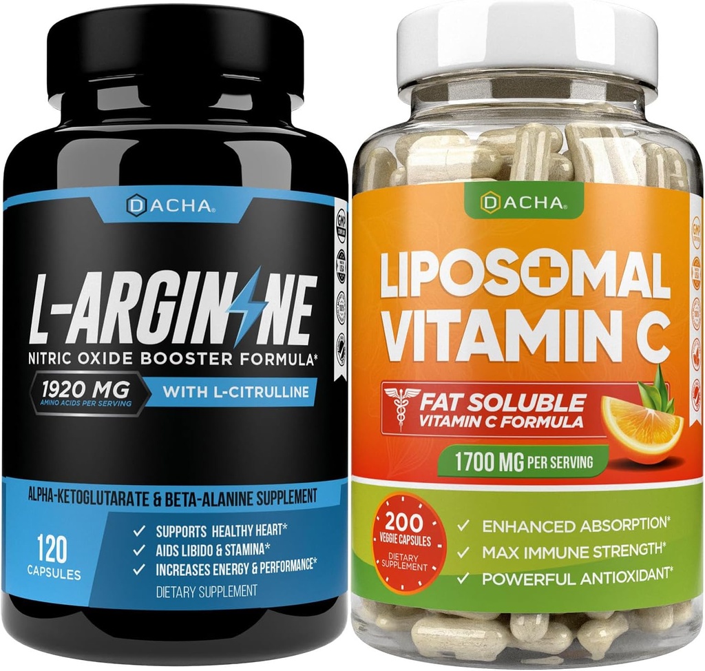 Max Strength Nitric Oxide Booster Bundle – L-Arginine & Liposomal Vitamina C, Con L Citrulline, Ascorbyl Palmitate, Natural Absorb Fórmula para apoyar el ejercicio Energía, Immune Health, Slim Look