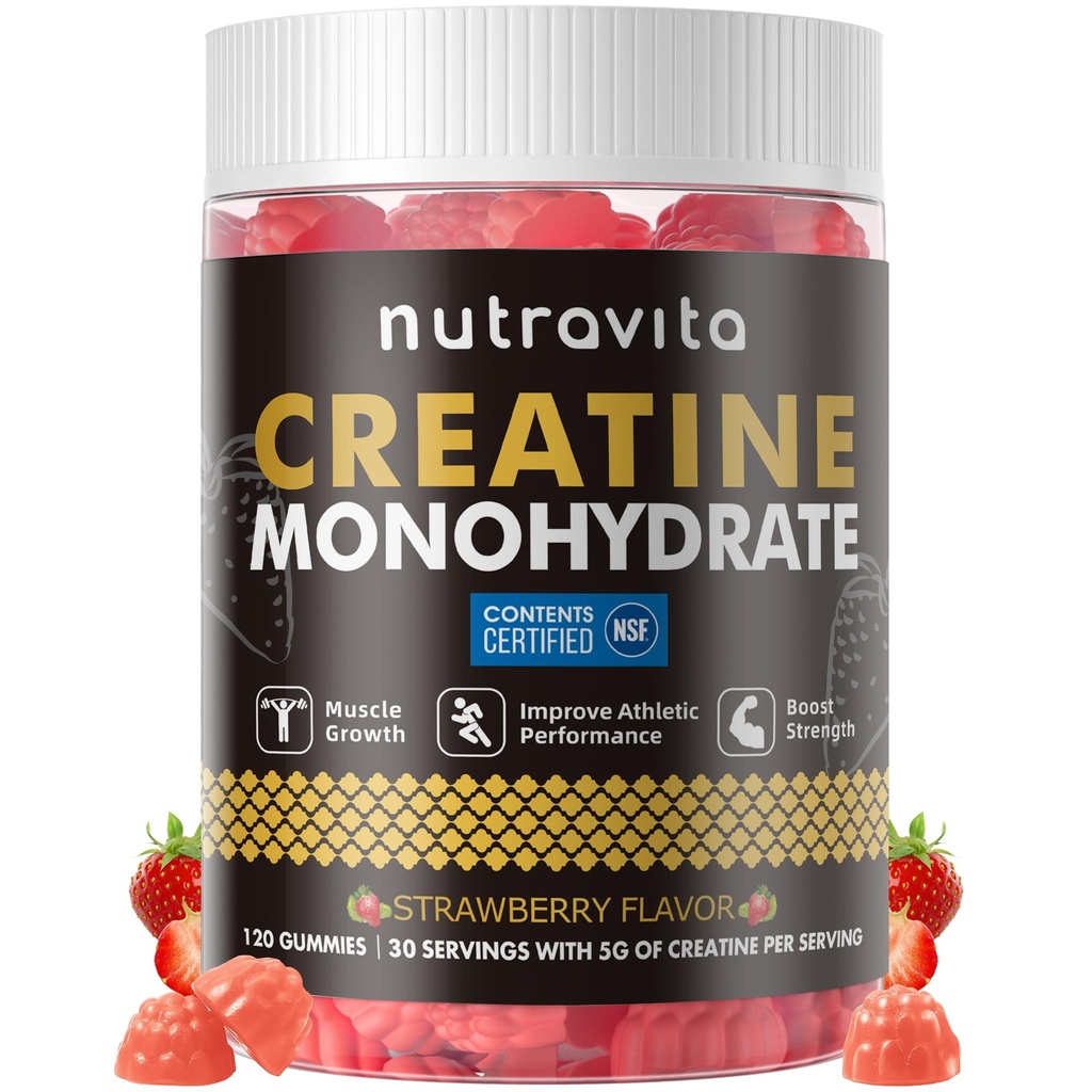 Nutravita NSF Certified Creatine Gummy - Creatine Monohydrate Gummies for Men &amp; Women-5g of Creatine Monohydrate per Serving - Sugar Free,Vegan, Strawberry Flavor, 120 Conde