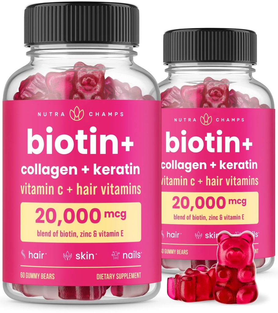 NutraChamps Hair Skin & Nails Gummies, Biotin con Collagen & Keratin, 5000mcg Biotin Beauty Complex, Vitamin Supplement, Berry, 120 Conde, Healthy Hair, Radiant Skin & Strong Nails (Pack of 2)