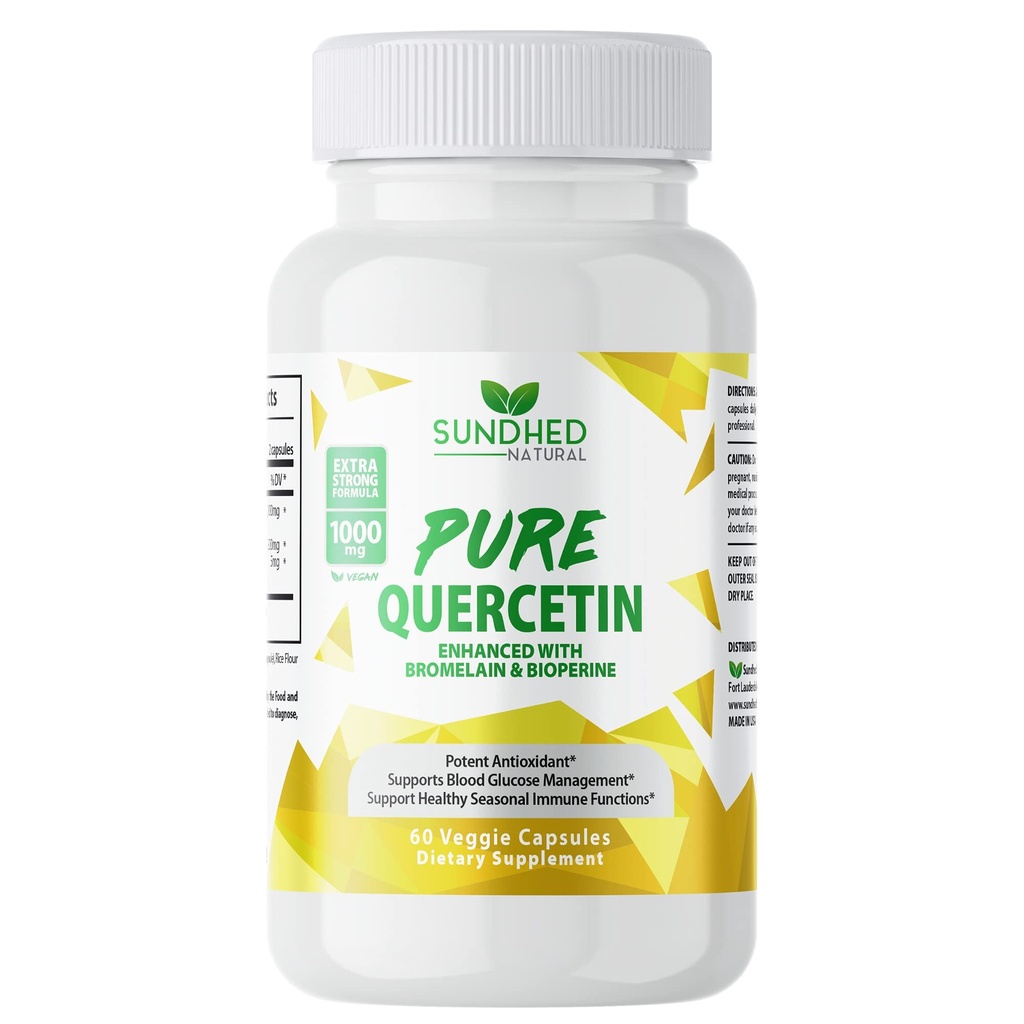 Quercetina pura con bromelaina y bioperina - soporte antioxidante, Fórmula extra fuerte con 1000mg, suministro de 1 mes