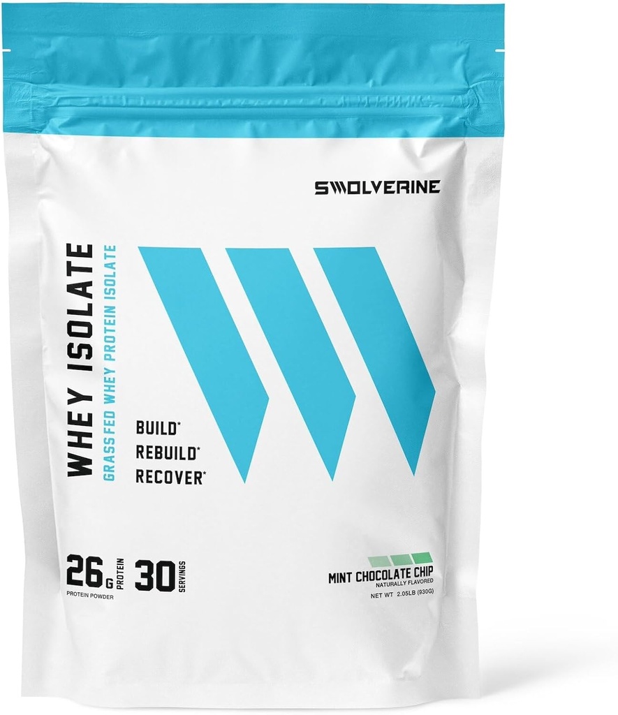 Swolverine Whey Protein Isolate ¦ 26g Protein, Grass-Fed rBGH Gratis, Non-GMO, Añadido Digestive Enzymes (30 Servings, Mint Chocolate Chip)