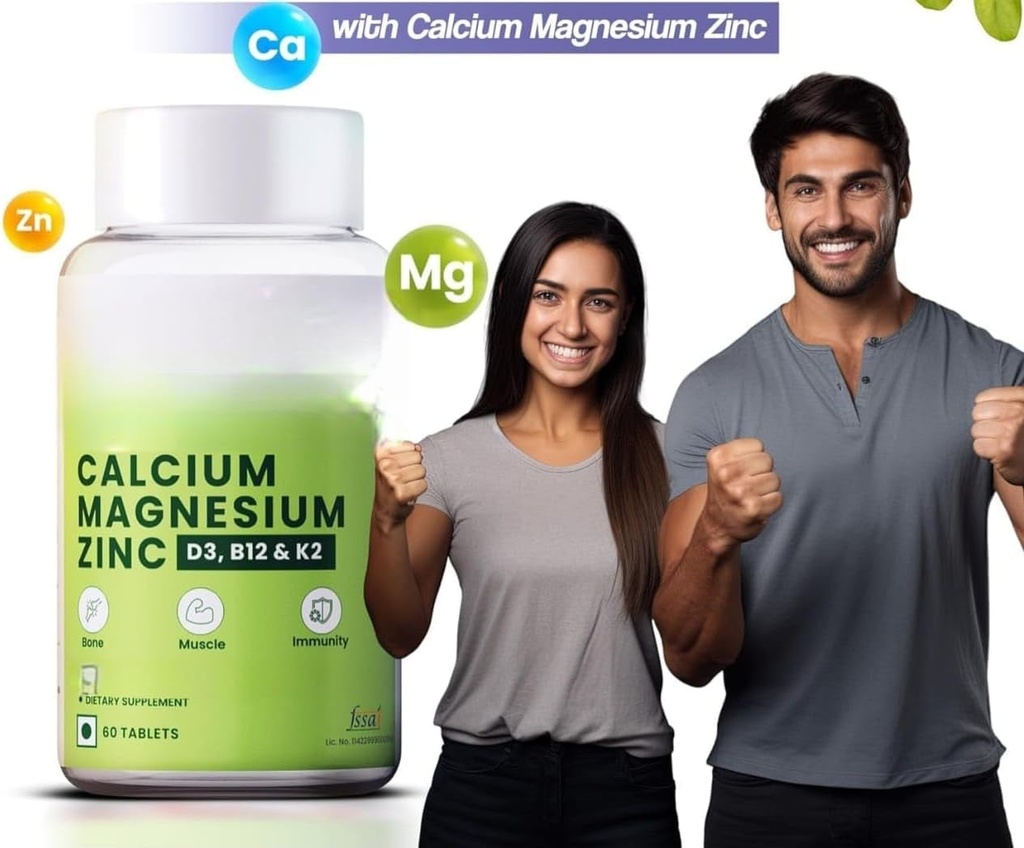 Calcio, Magnesio, Zinc con Vitamina D3 &amp; B12, 1000mg I 60 Veg Tablets vidasApoyo Juntas Fuertes Salud para Hombres &amp; Mujeres, 1 Conde, 60 cápsulas