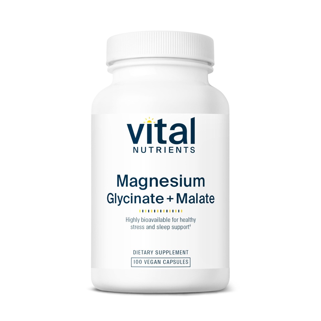Vital Nutrients Magnesium Glycinate + Malate TEN 120mg Magnesium Suplemento Vegan para Mujeres y Hombres ← Muscle, Heart, Bone Support* ← Promociona la Relajación