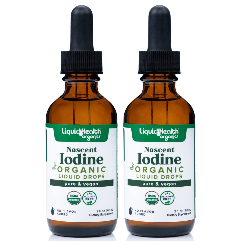 LIQUIDHEALTH USDA Organic Nascent Iodine Liquid Drops, Pure Iodine Supplement for Thyroid & Immune Support, Energy Supplement - Made in USA, Vegan, Colorless, Tasteless Tincture (2 Pack)