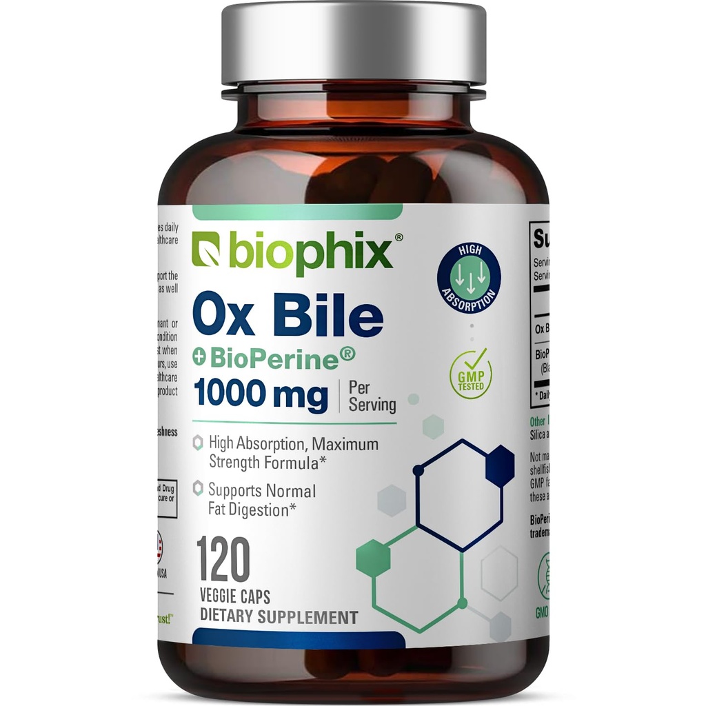 biophix Ox Bile 1000 mg con cápsulas vegetales BioPerine 120 - Enzimas digestivas de alta absorción Suplemento - Metabólico hepólico GI Fat Metabolism Support