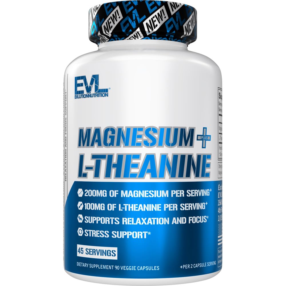 Evlution Nutrition Magnesium + L-Theanine - Relajación Natural & Focus Support - 200mg Magnesium + 100mg L-Theanine - Vegan &amp; Non-GMO - Suplemento dietético - 45 Servimientos - 90 cápsulas vegetarianas