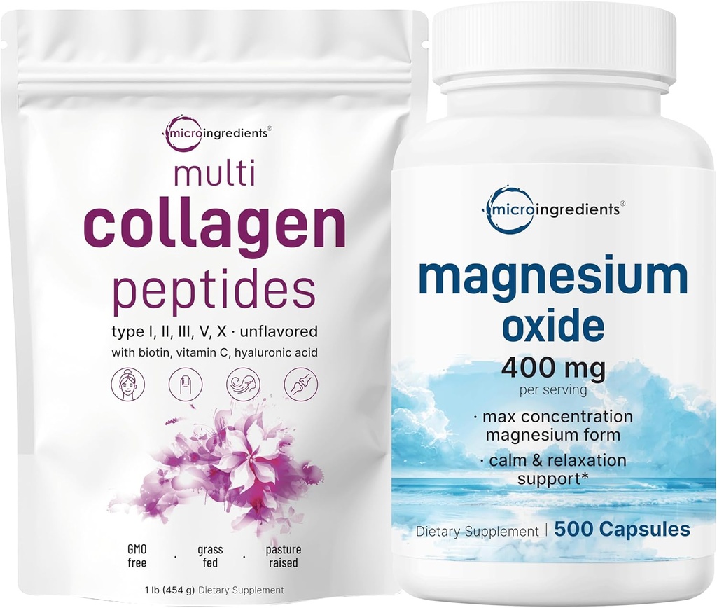 Micro Ingredientes Multi Collagen Protein Powder 16oz & Magnesium Oxide 400mg Bundle Pack