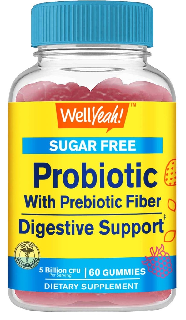 Probiótico Libre de Azúcar con Gummies Prebióticos (5 Billones CFU) - Apoyo Digestivo, Salud Gut y Soporte Vaginal - Maniquí Probiótico Estante, Prebióticos y Probióticos para Mujeres y Hombres - 60 Conde