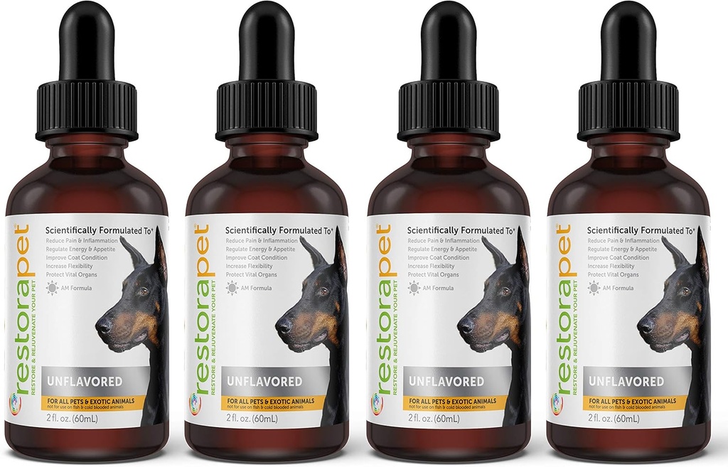 RestoraPet 4-Pack Dog & Cat Unflavored Liquid Multivitamin ← Dog Arthritis Dolor Alivio de Dolor Ø Hip Pulint Vitaminas para Perros ← Suplemento Antiinflamatorio para Perros " Cats  durable Orgánica " No GMO, Vet Aprobado