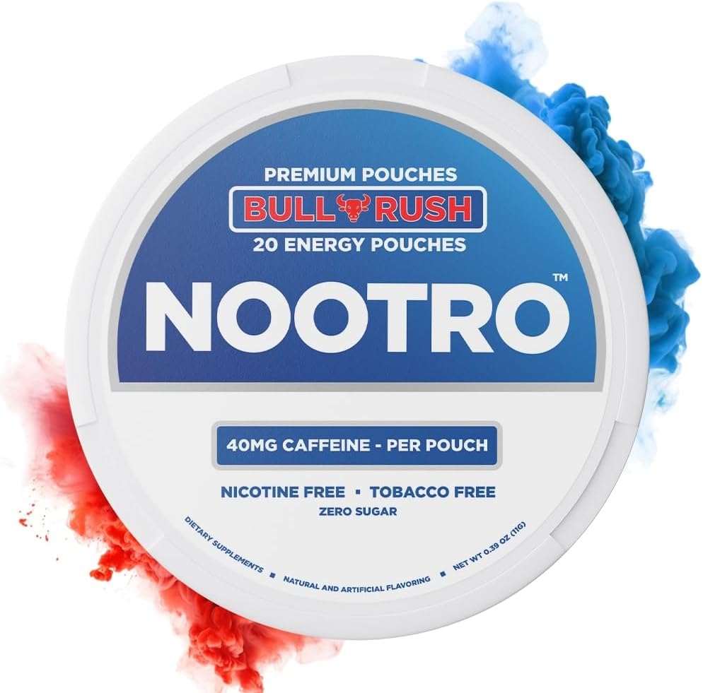 Nootro Energy Pouches with Caffeine, Nootropic Pouches, 40 mg Natural Caffeine, Vitamina B6, Magnesium, Sugar Gratis, No Nicotine Pouches, Tobacco Gratis, 20 Pouches Por Can, 1 Pack (Bull Rush)