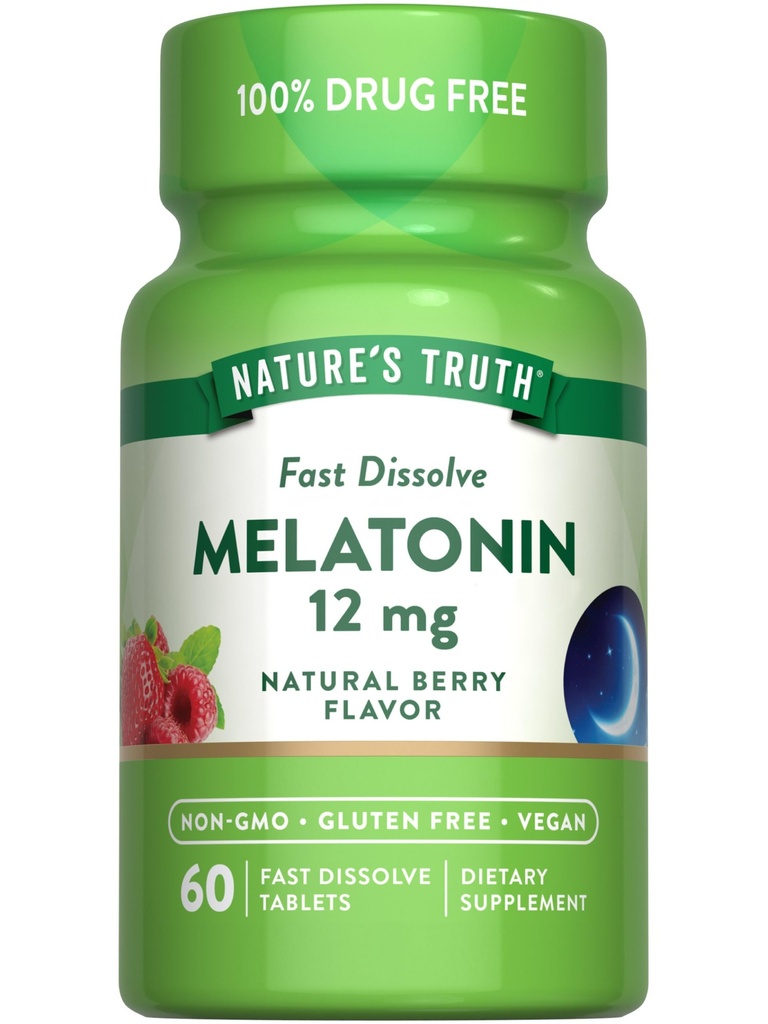 La verdad de la naturaleza Melatonin 12mg ← 60 Fast Dissolve Tablets ← Natural Berry Flavor  Vegan, Non-GMO &amp; Gluten Free Supplement