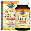 Garden of Life Vitamin D, Vitamin Code Raw D3, Vitamina D 2,000 UI, Raw Whole Food D3 Suplementos con Clorella, Frutas, verduras y probióticos para la salud ósea, 120 cápsulas vegetarianas