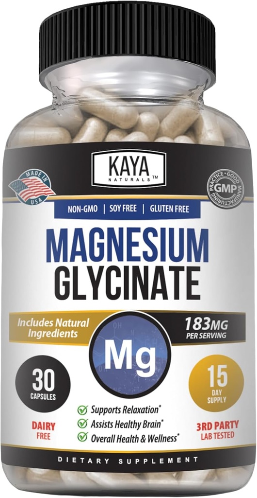 Kaya Naturals Magnesium Glycinate 183mg por Caps, Chelated for Maximum Absorption, Non-GMO, NO Gluten Dairy &amp; Soy, Supports Muscle and Heart Health 30 Count