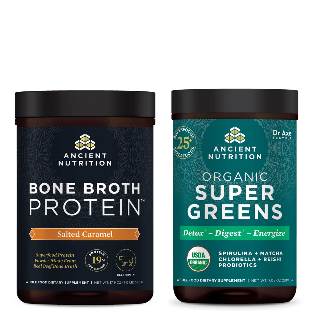Antigua Nutrición Bono Broth Protein Powder, Salted Caramel, 20 Servings + Organic Supergreens Powder, Greens Flavor, 25 Servings
