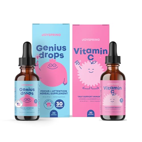 JoySpring Genius Drops &amp; Vitamina C - Escuela Backup Bundle ← Niños Vitaminas Fuente natural, No GMO, Fórmula Líquida no alcohólica, Immunity Health Support ← Vegan " Vegetarian Supplement Drops