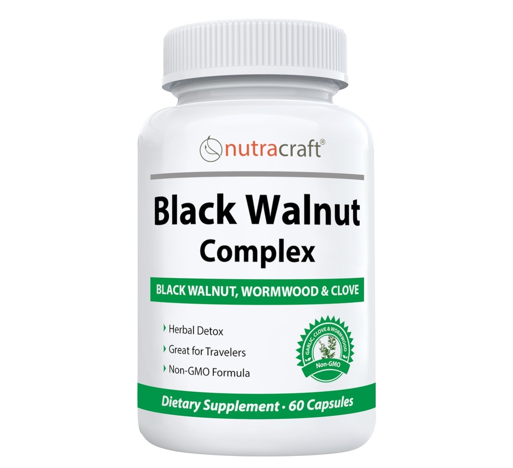 Nutracraft Black Walnut Detox Cleanse Suplemento Silencio Black Walnut, Wormwood, Clove, PAU D'Arco, Pumpkin Seed, Ajo, Zinc ← Guardia Intestinal para los seres humanos