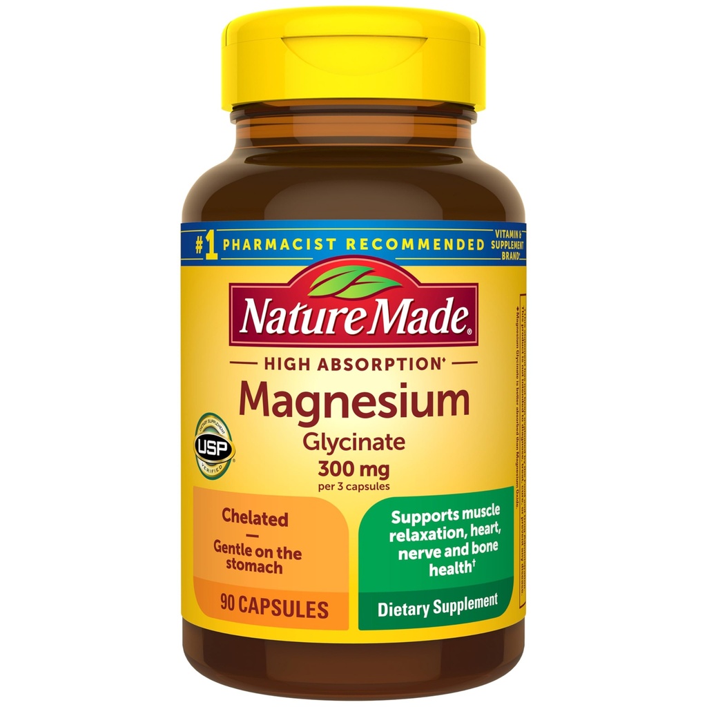 Nature Made High Absorption Magnesium Glycinate 300mg por 3 cápsulas, Suplemento Magnesio para Muscle, Heart, Nerve y Bone Support, 90 Magnesium Bisglycinate Capsules, 30 Day Supply