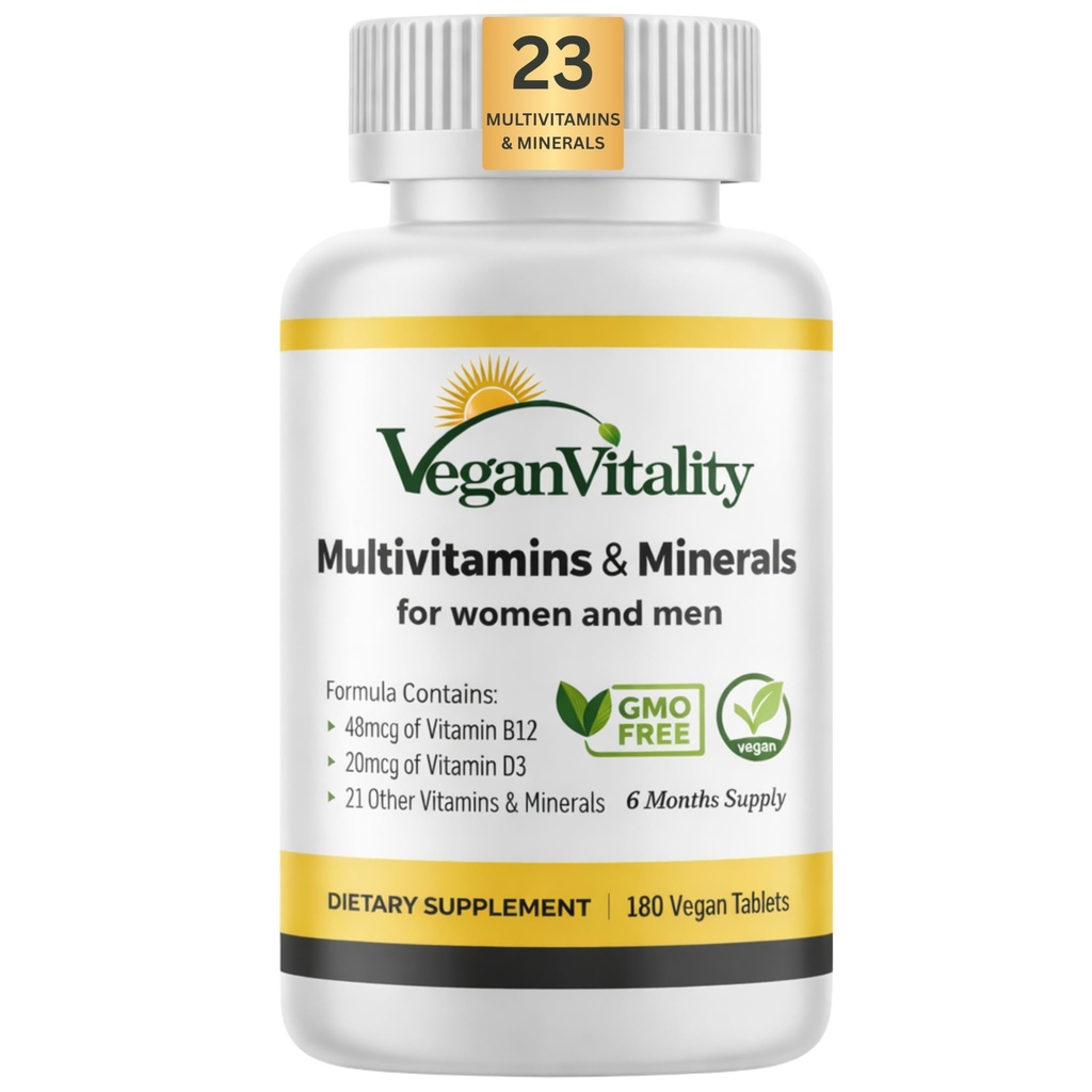 Vitalidad vegana Multivitaminas " Minerales para Mujeres y Hombres con alta resistencia Vitamina B12, D3 " K2. Vitaminas para veganos " Vegetarianos