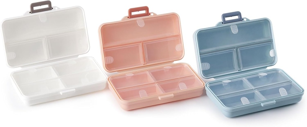 Portable Pill Case,Travel Pill Organizer,Daily Pill Organizer,7 Compartments, Pill Box for Purse Pocket to Hold Vitamins,Cod Liver Oil,Supplements and Medication-(White+Blue+ Rosa)