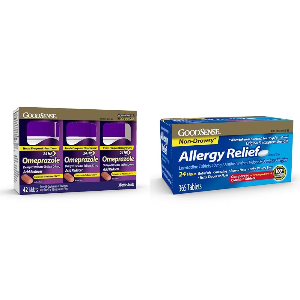 GoodSense Omeprazole Tablets 20mg 14 Count Pack of 3 & Loratadine Tablets 10mg 365 Count Alergy Relief Antihistamine