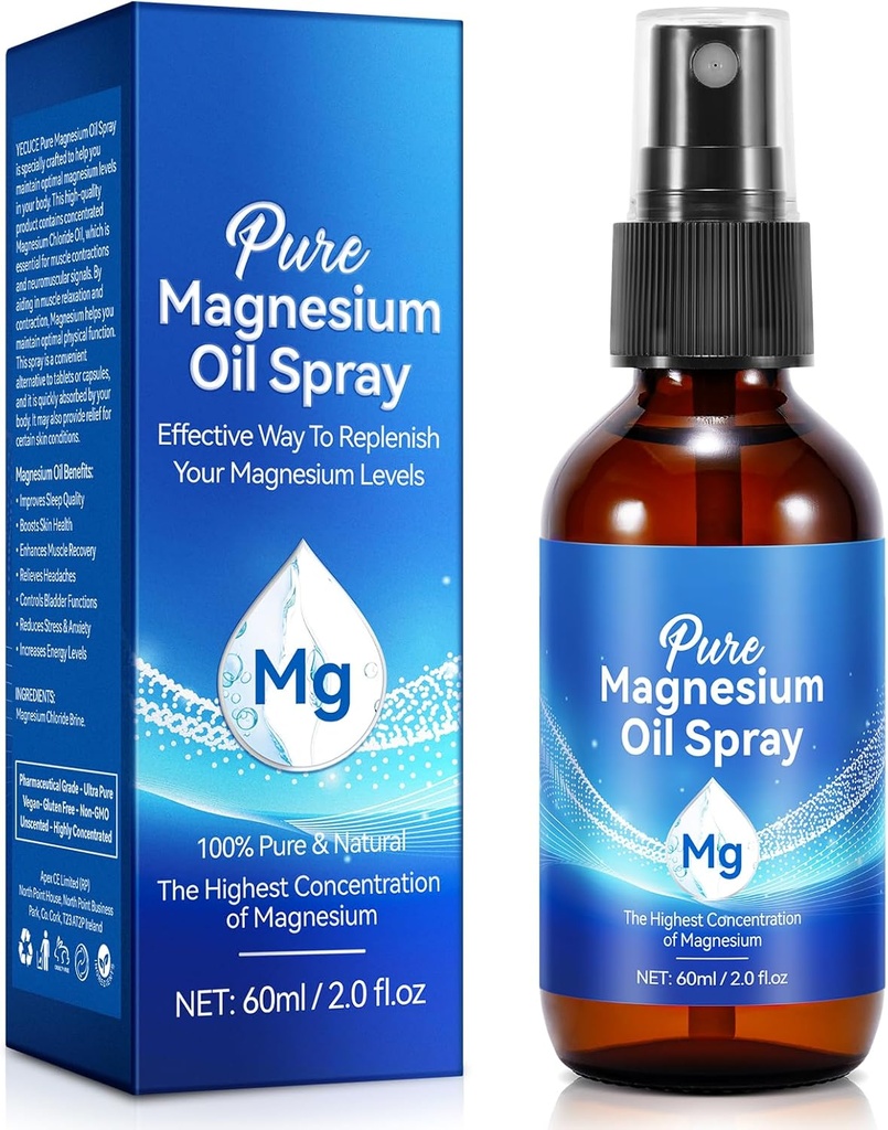 Pulverizador de aceite de magnesio puro, spray de magnesio orgánico para pies, botella de vidrio de esparcir de magnesio tópico, náutico de la piel, pérdida de cabello aliviada, poros de unclog, 2 oz
