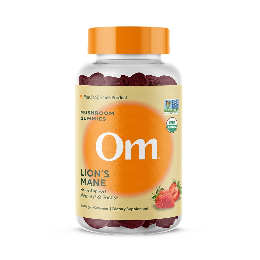 Om Lion's Mane Mushroom Gummies - Suplemento orgánico de setas y Nootropic - Suplementos de cerebro para memoria y foco, 60 Cuenta (30 Servimientos)