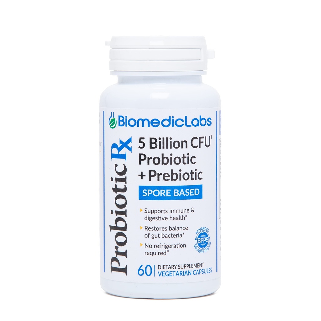 Probiótico Rx: 5 Billones CFU – Probiótico + Prebiótico - Fuente de 60 días - SBO - Apoyo Immune & Gut Health - Organismos basados en el suelo - No se requiere refrigeración