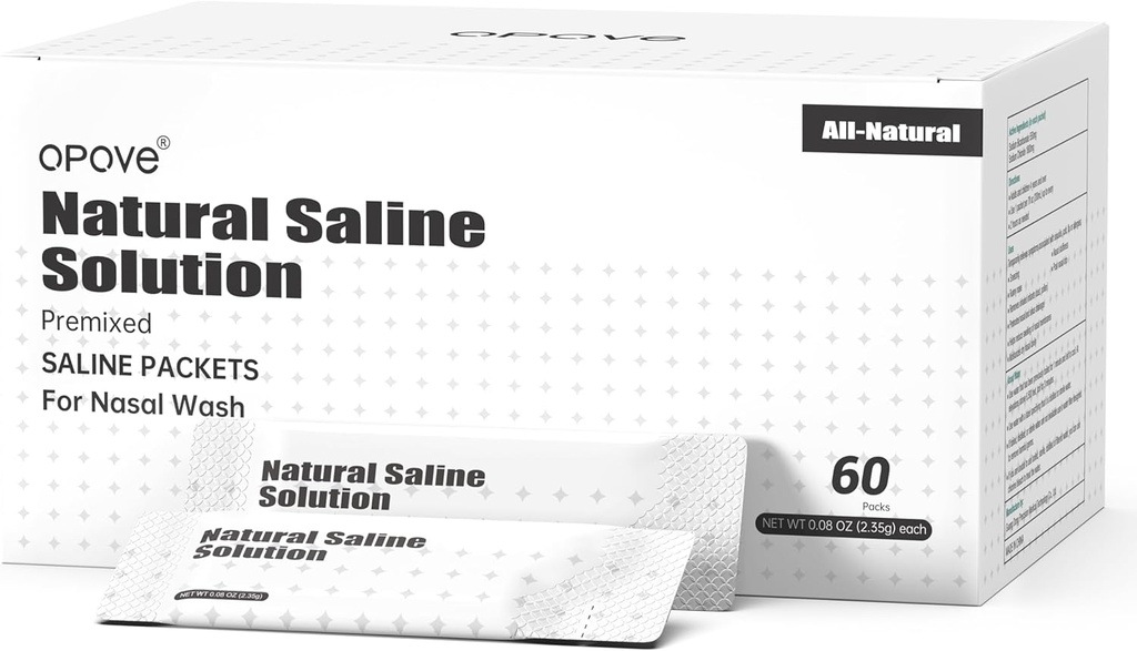 opove Pre-Mixed Saline Packets for Nasal Wash Irrigation Systems, Natural, and PH Balanced for Sinus Relief, 60 Packs (No se incluye limpieza de la nariz)