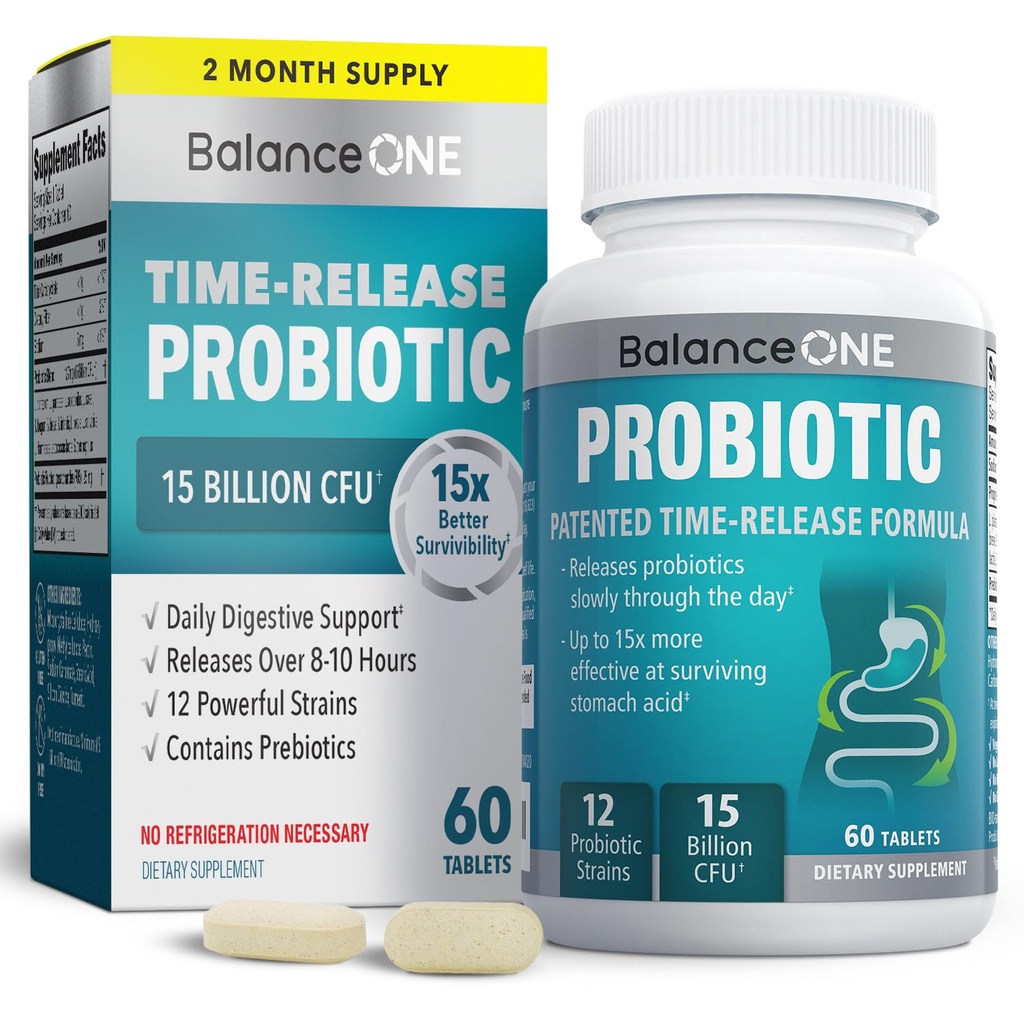 Balance ONE Probiótico para Hombres – Tablas de liberación del tiempo para la supervivencia de 15x – Fórmula de 12 niveles con L. Plantarum & L. Acidophilus – Gut & Digestive Health Support – 60 Tablets