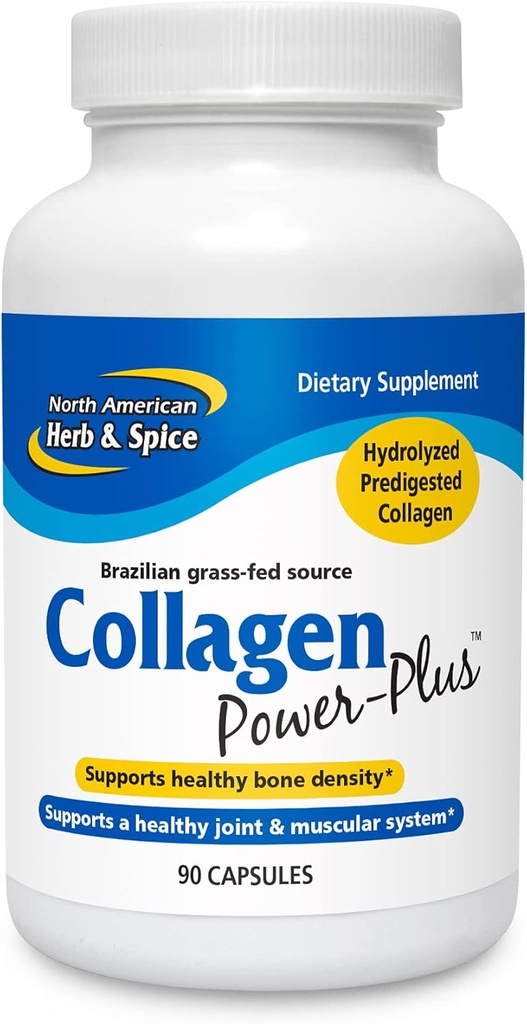 Herb NORTH AMERICAN &amp; SPICE Collagen Power-Plus - 90 cápsulas - Suplemento colágeno - Soporte conjunto &amp; musculo, cabello saludable, piel &amp; uñas - Bromelaina, Papaína, vitamina C - No GMO - 30 Actuaciones