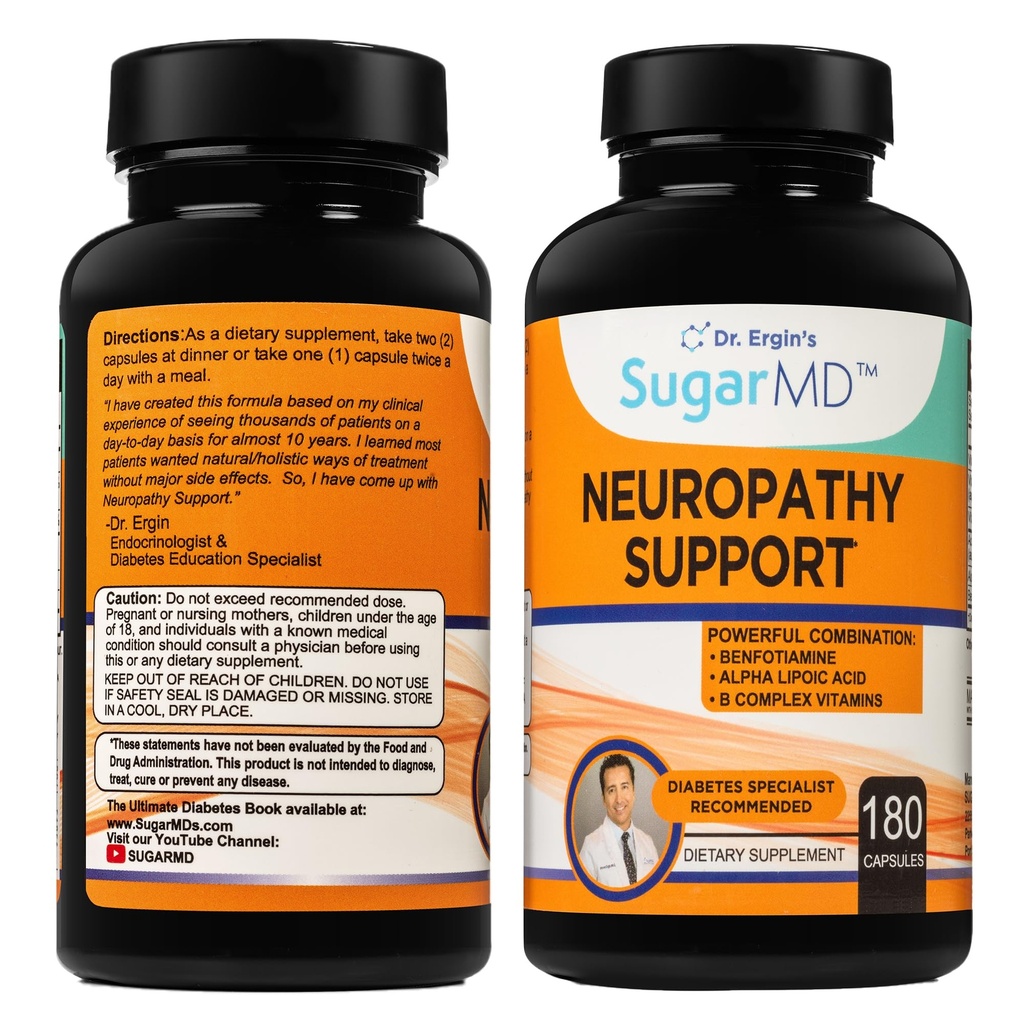 Suplemento de apoyo a la neuropatía de SugarMD – 180 Nerve Suplemento cápsulas con ácido lipoico alfa, benfotiamina &amp; vitamina D3 B6 B12 - Nerve Apoyo Suplemento para manos de pies Fingers ' Legs - 90 Day Supply