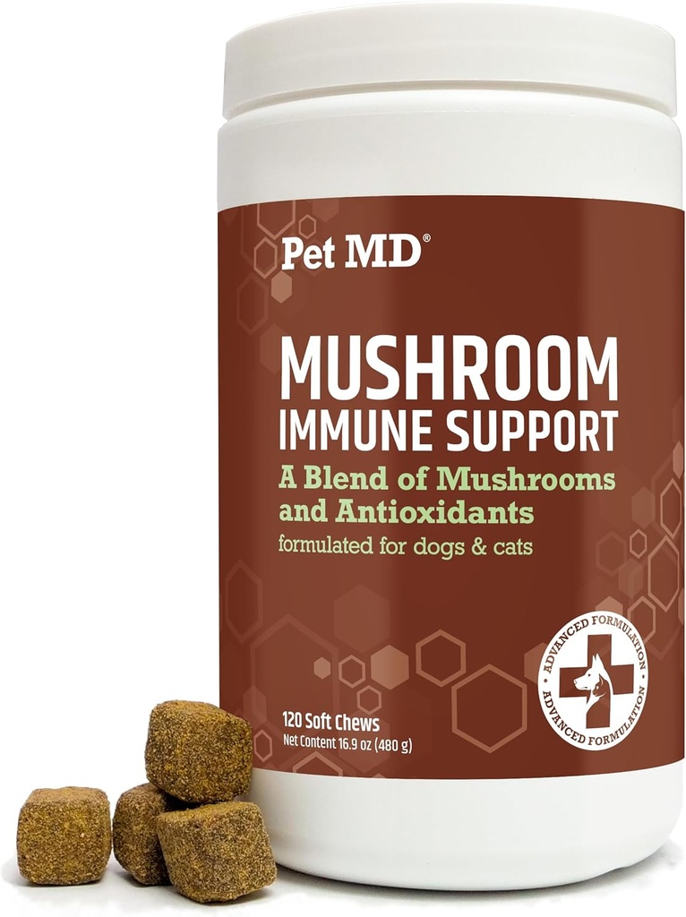 Pet MD Mushroom Apoyo para perros & gatos - Turquía Tail Mushroom Apoyo Suplemento - Milk Thistle con CoQ10 para perros & gatos - Suplemento de inmunidad para mascotas - 120 Chews