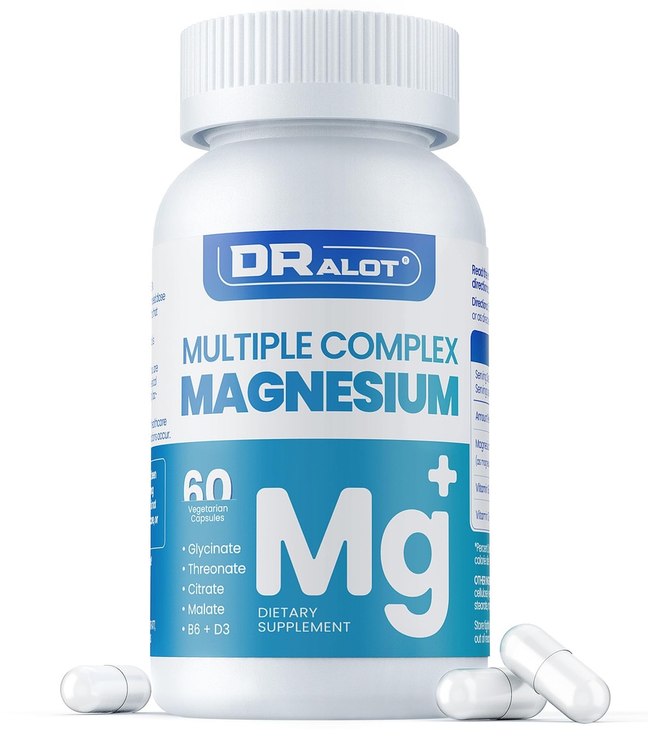 Suplemento de magnesio de cuádruple, 400 mg de glinato de magnesio de apalato, l-treonado, citrato " malate " Max Absorption Complex w/Vitamin D3 " B6, para músculos del corazón del sueño Nerves, non-GMO, 60 caps veganos