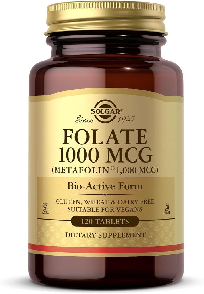 Solgar Folate 1000 mcg - 120 Tablets - 1000 mcg Bio-Active Metafolin - Vegan, Gluten Gratis, Dairy Free, Kosher - 120 Servings