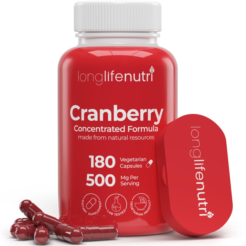 LongLifeNutri Cranberry Extract with Vitamin C & E - Fórmula concentrada pura, 500 mg por servidumbre, 180 cápsulas vegetarianas, Urinary Tract Health &amp; Bladder, 6 Month Supply, Made in USA