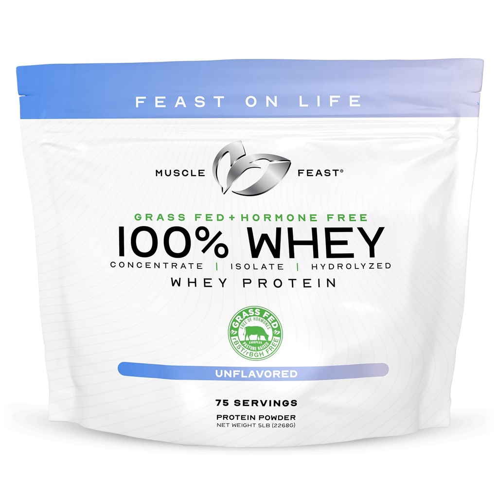 Muscle Feast 100% Grass Fed Whey Protein Powder, All Natural Hormone Free Paure Raised Whey Protein Powder for Women ' Men- Whey Concentrate, Isolate & Hydrolyzed Protein Powder Blend- Unflavored, 5lb