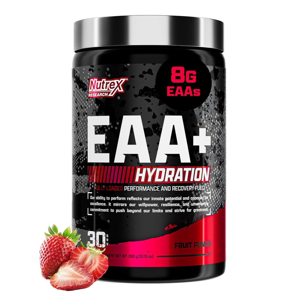 Nutrex Research EAA Hydration ← EAAs + BCAA Powder ← Recuperación del Musculo, Fuerza, Edificio del Musculo, Resistencia 8G Aminoácidos Esenciales + Electrolitos tención 30 Servings (Fruit Punch)