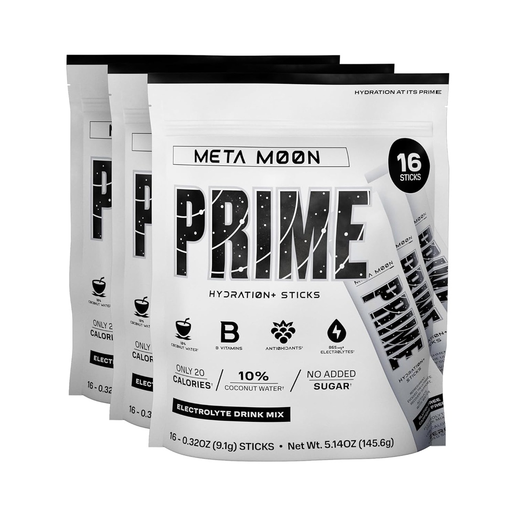 PRIME HYDRATION+ Pegatinas META Moon ← Hidration Powder Single Serve Sticks ← Electrolyte Powder On The Go ← 250mg BCAAs, B Vitaminas, Antioxidantes ← Bajo Azúcar ← Caffeine-Free TEN Vegan TEN 48 Pegatinas