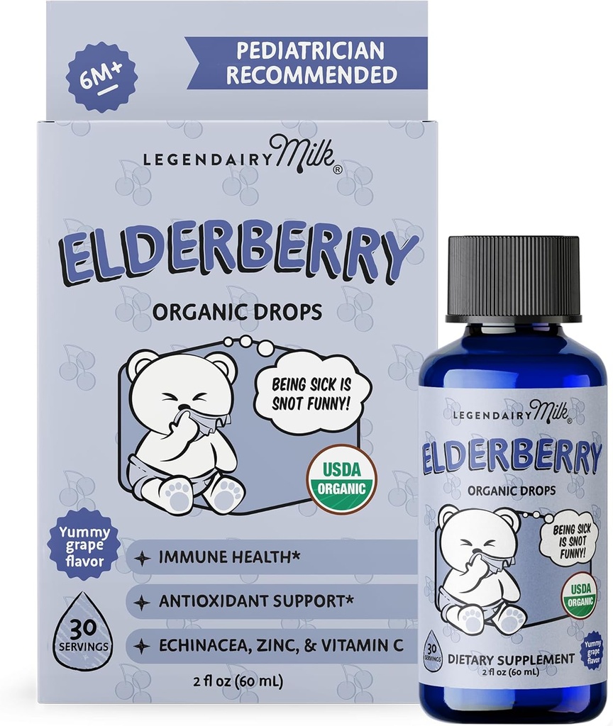Legendairy Milk Organic Elderberry Drops - Multivitamínico para bebés con equinácea, vitamina C " Zinc para soporte inmunológico - Ideal para bebés " Toddlers, Non-GMO - 30 servicios