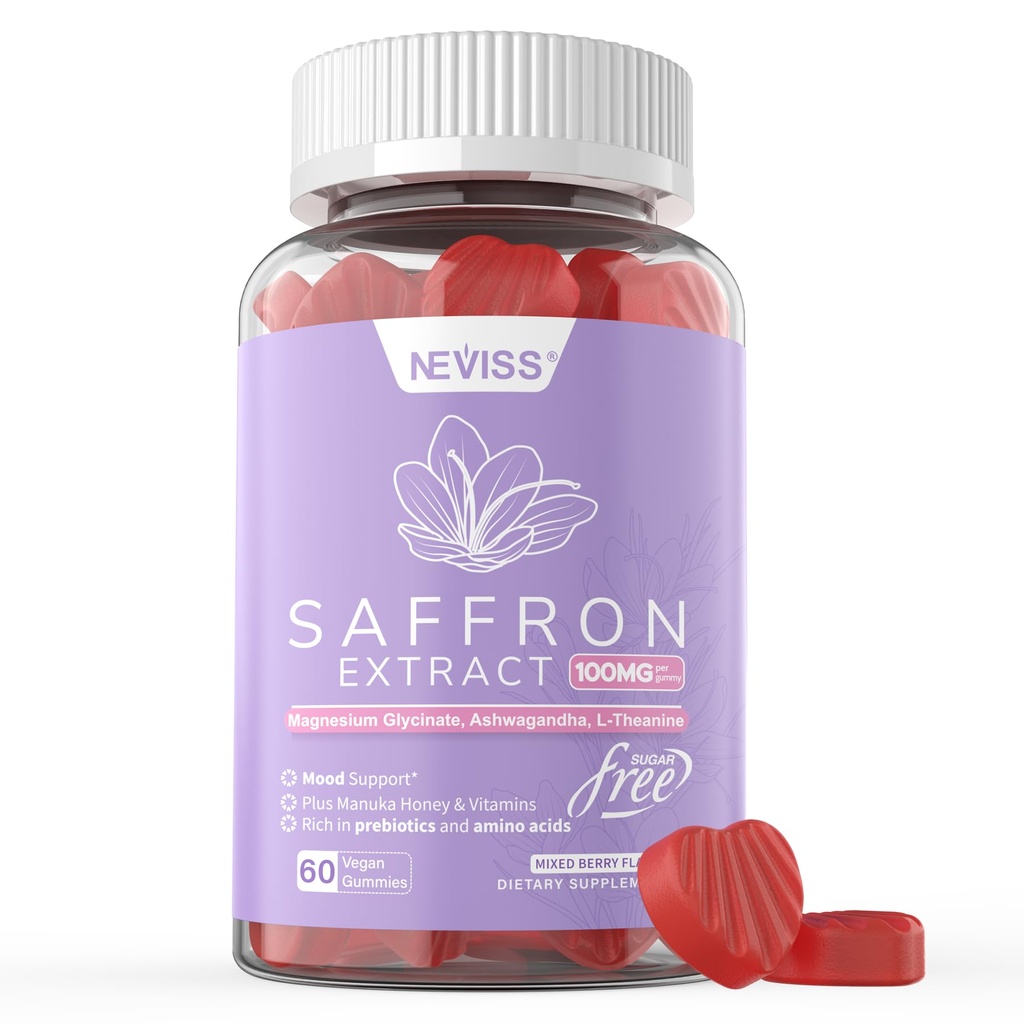 Saffron Supplements Gummies 100mg - 100% Puro Saffron Extract with Magnesium Glycinate, L-Theanine, Turmeric, Ashwagandha, Honey & Vitamin B Complex for Mood & Power, Antioxidant, Vitality - 60 Condes