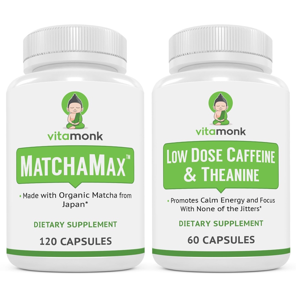 VitaMonk Energy & Focus Bundle: Matcha Max orgánico japonés Matcha capsules baja dosis de cafeína y Theanine