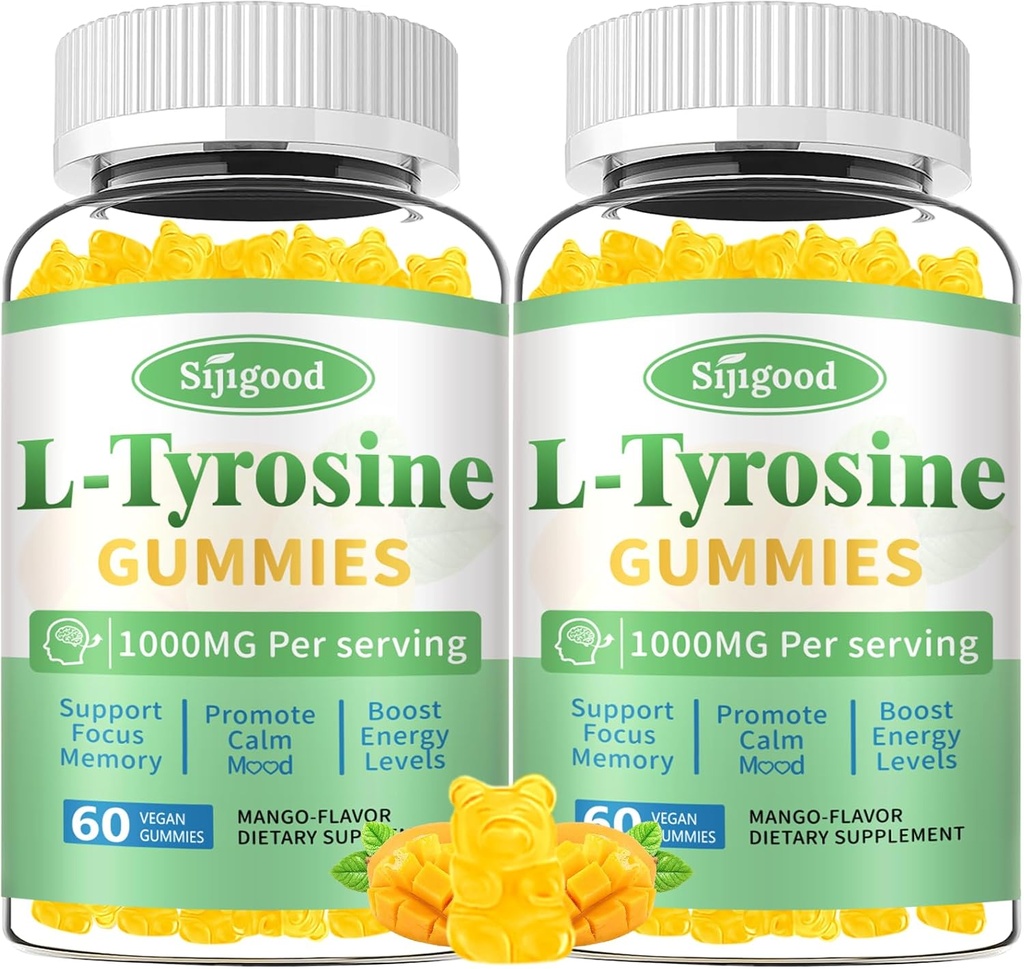 L-Tyrosine Gummies for Adults and Kids - 1000mg L-Tyrosine Supplement Focus Gummies for Brain, Mood, Energy Support, Vegan & Gluten-Free, Mango Flavor, 120 Condes