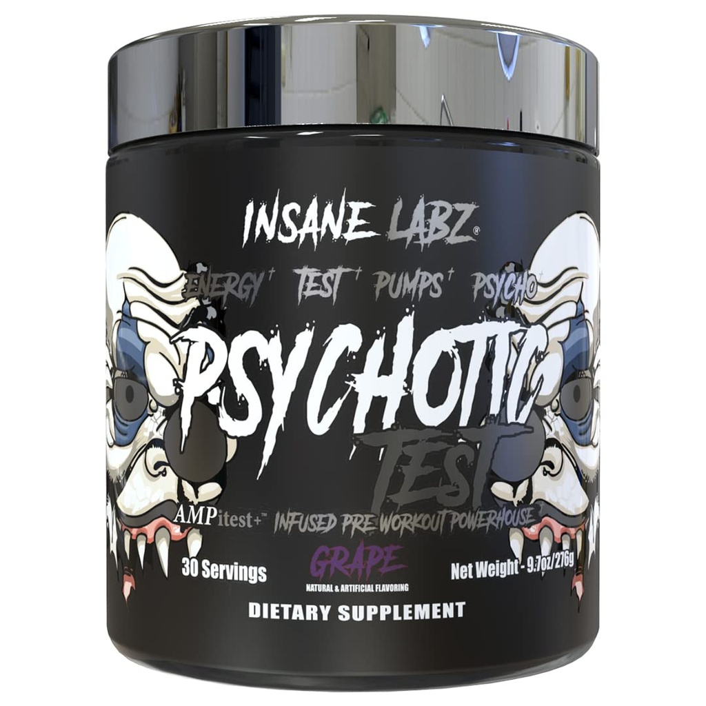Prueba Psicótica Insane Labz, Energía de Testosterona de Alta Estim y Bomba Boosting Pre-Workout Powder con DMAE Bitartrate, D Aspartic Acid, Creatine HCL y Glycerol Monostearate, 30 Servings, Grape
