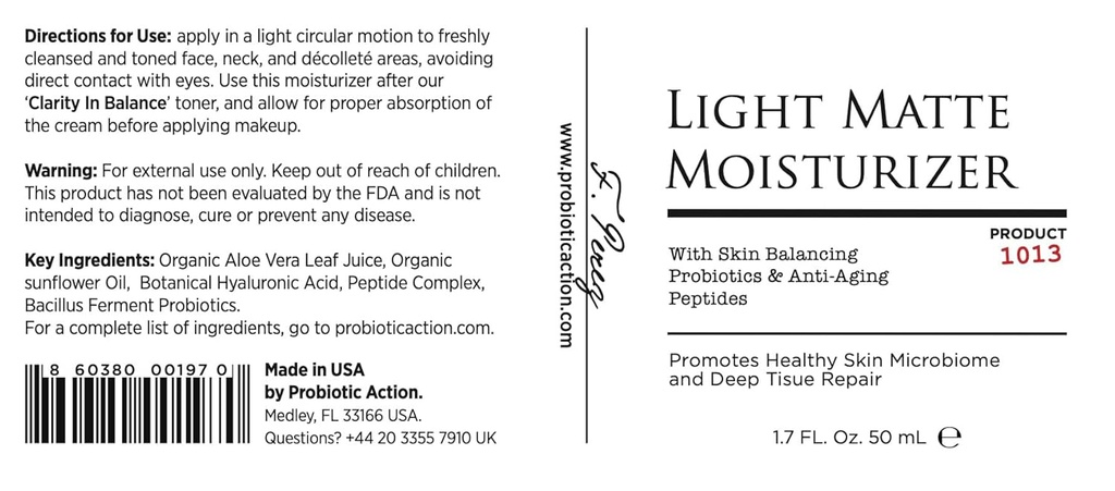 Moisturizador Probiótico Acné, Rosacea y Eczema. El Probiótico y el Peptide mantiene el resplandor, suavidad y rigidez de la piel clara.