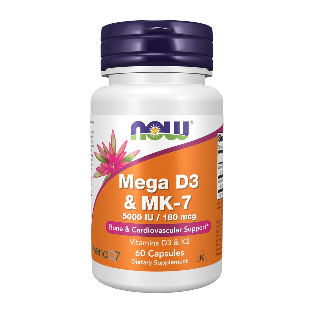 AHORA Suplementos de alimentos, Mega D-3 " MK-7 con vitaminas D-3 " K-2, 5.000 UI/180 mcg, bonificación " soporte cardiovascular*, 60 cápsulas de veg