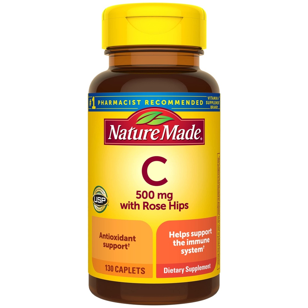 Nature Made Vitamina C 500 mg con Rose Hips, Suplemento dietético para Immune Support, 130 Caplets, 130 Day Supply