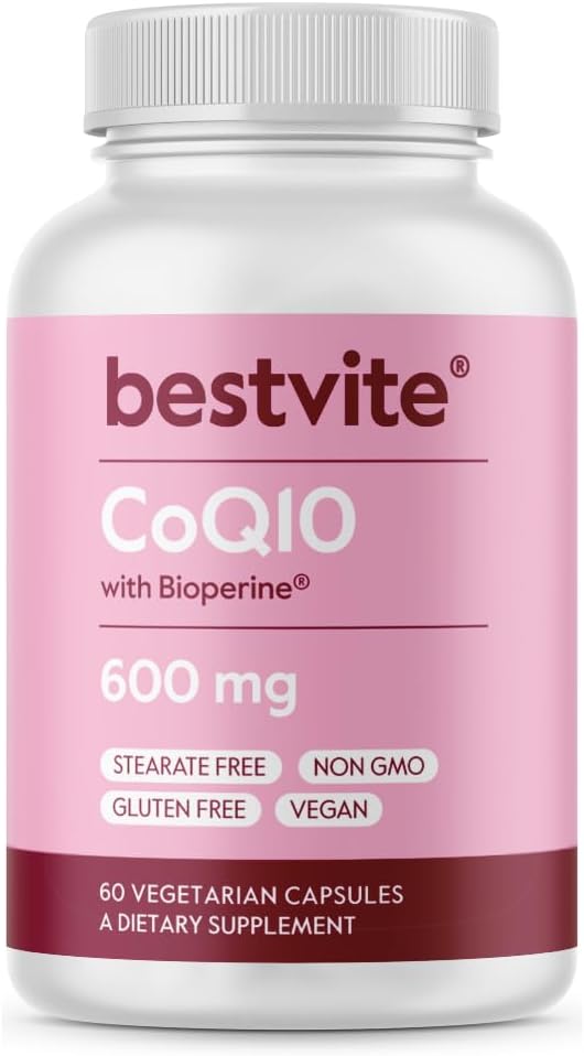Coenzima CoQ10 600mg por cápsula con bioperina (60 cápsulas vegetarianas) Naturalmente fermentado - No dióxido de titanio - No Filleres - No Stearates - Vegan - Gluten Gratis - No GMO