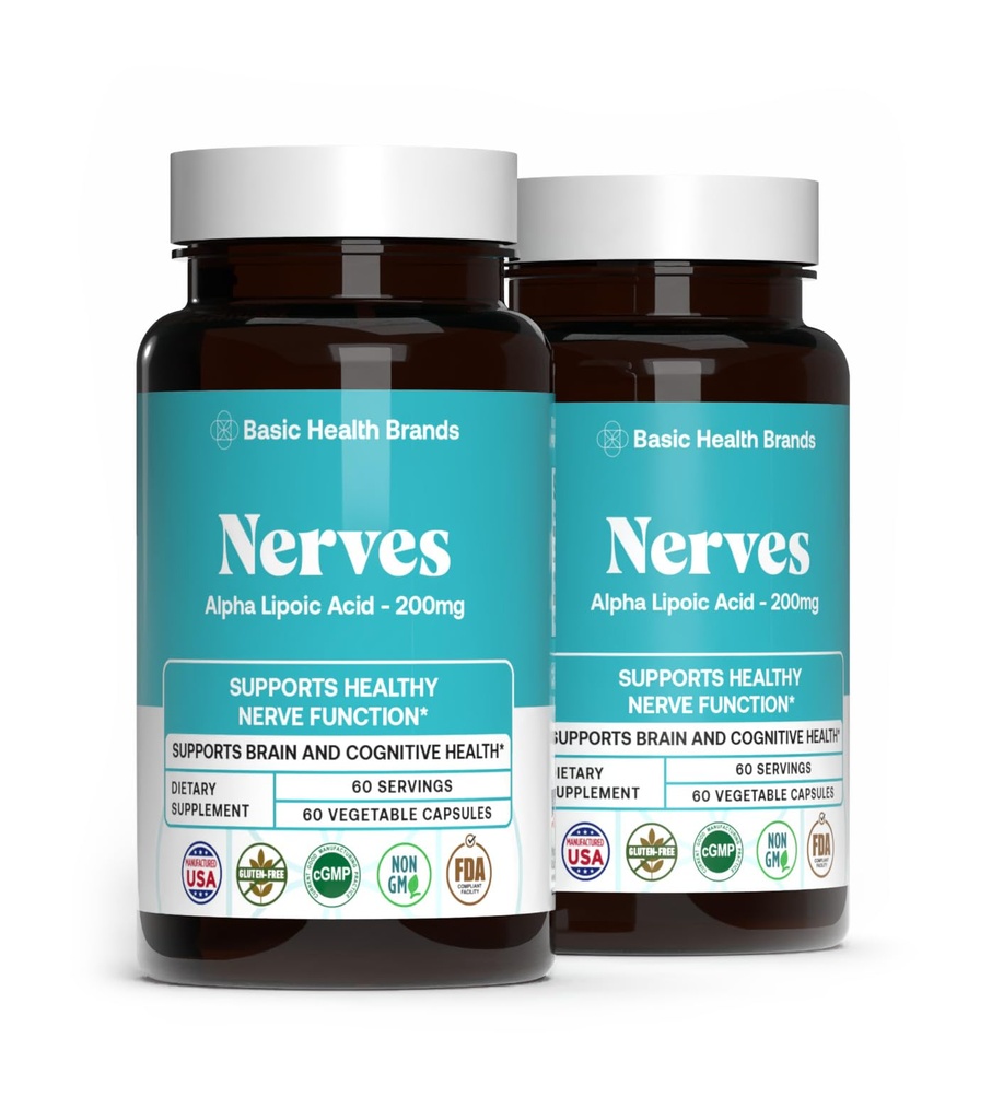 Marcas básicas Ácido Lipoico alfa 200mg - Potente Antioxidante ALA Suplemento para la función sana del nervio " Metabolismo - 60 cápsulas - 2-Pack