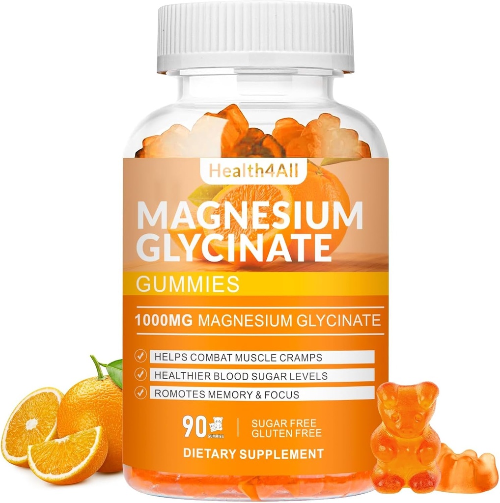 Magnesio Glycinate Gummies 1000mg, Alta Absorción Azúcar Suplemento de Potasio Libre de Magnesio para Relajación, Rescate al Estrés y Apoyo al Sueño para Adultos &amp; Niños - 90 Orange Gummies