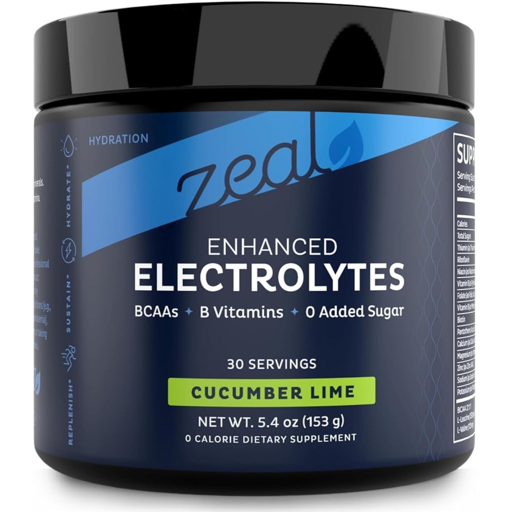 Zeal Electrolyte Powder Recovery Drink (30 Servings ←Cucumber Lime) w 0 Sugar +BCAAs +B-Vitamins Electrolyte Suplemento w Potassium Zinc &amp; Magnesium